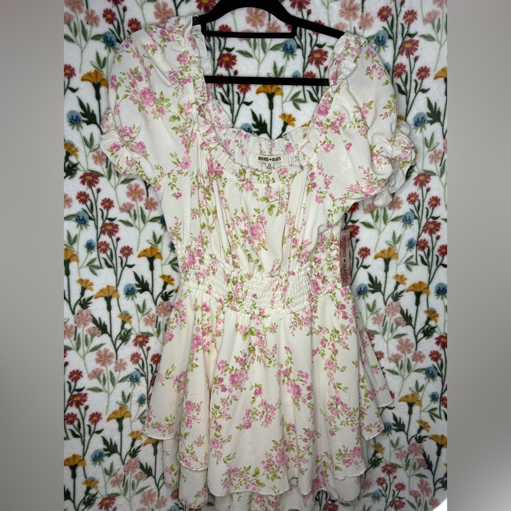 Inspired Hearts White Floral Dress romper with Pink and Green Print